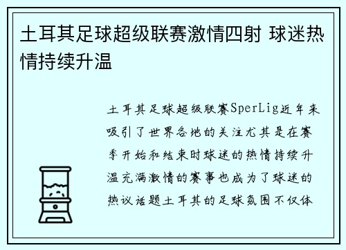 土耳其足球超级联赛激情四射 球迷热情持续升温